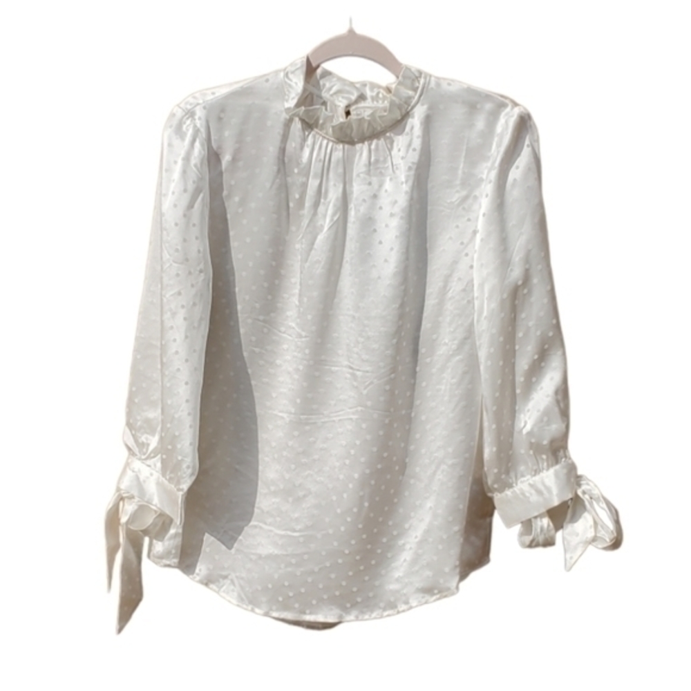 JNSQ Ivory Silk Dot Embellishments Bow Tie Sleeve Ruffle Collar Size‎ 8 NWT